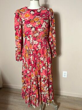 Saloni Isabel floral-print pink tiered silk-chiffon maxi dress with long sleeves